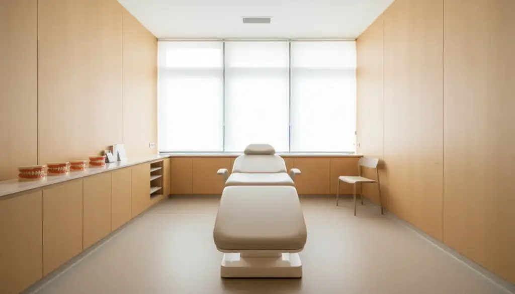 A quiet treatment room with denture models lined up along the counter