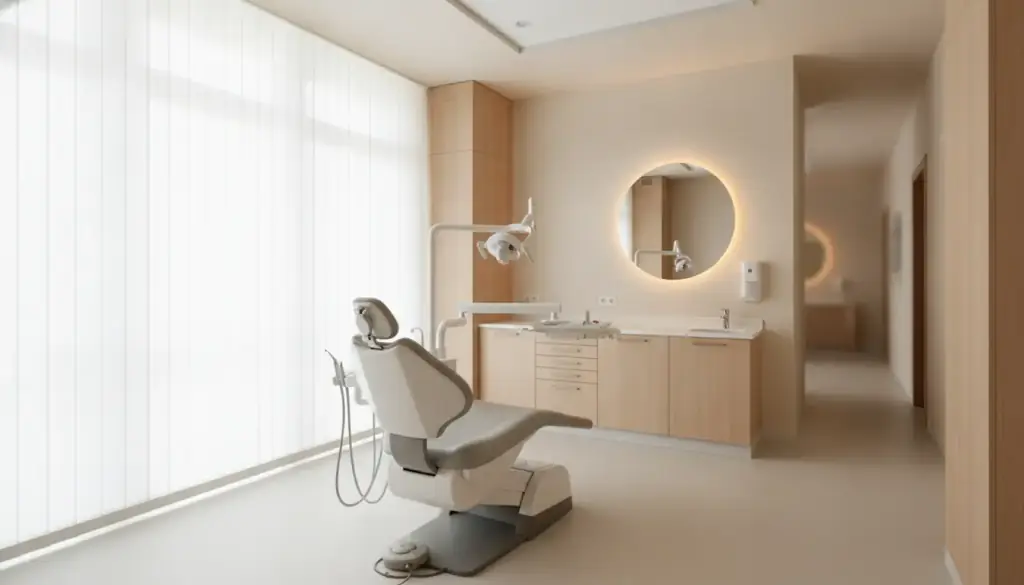 A dental treatment chair beside a tall window in soft daylight